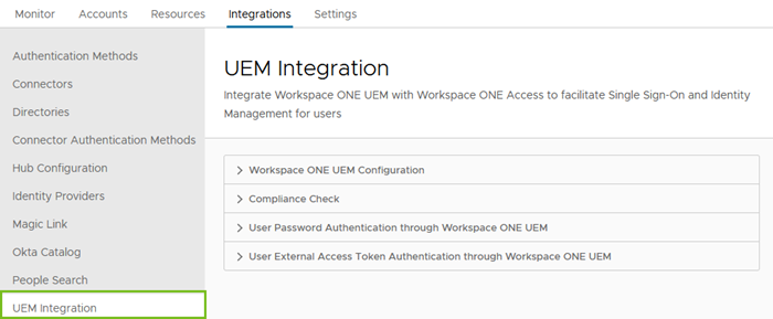 Página de integração do Workspace ONE UEM no console do Workspace ONE Access