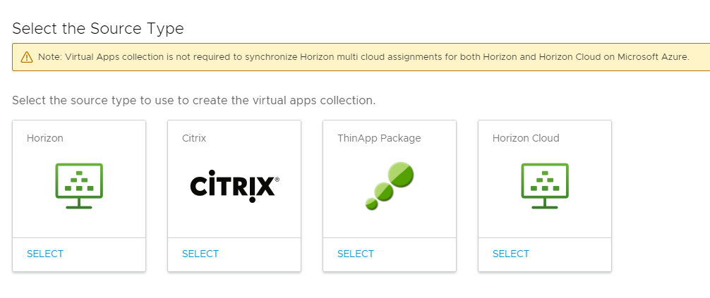Quatro blocos são exibidos: Horizon, Citrix, Pacote ThinApp e Horizon Cloud.