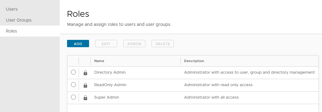 Página da lista de funções de administrador do Workspace ONE Access no console