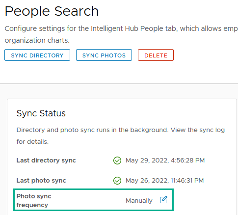 O cartão Status de Sincronização do de People Search com a frequência de sincronização de fotos destacada.