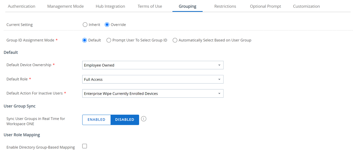 esta captura de tela parcial mostra a aba Agrupamento das configurações de Inscrição