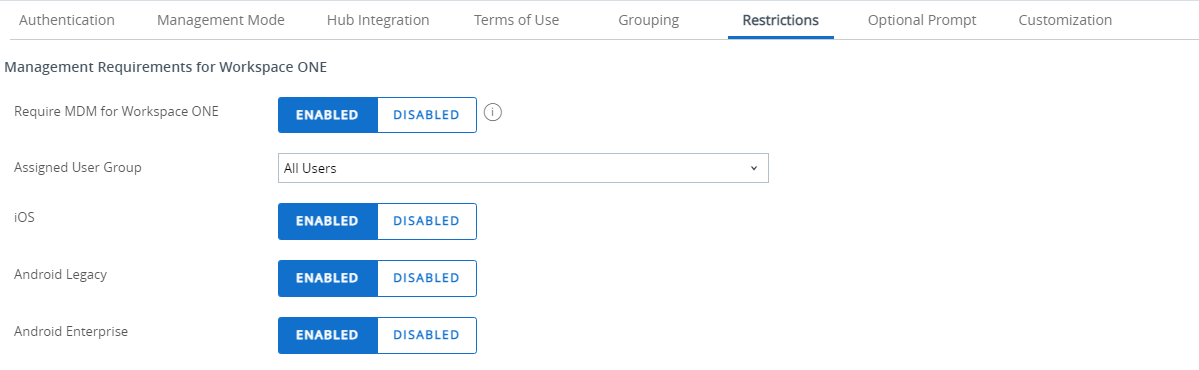 esta captura de tela parcial mostra a aba Restrições das configurações de Inscrição