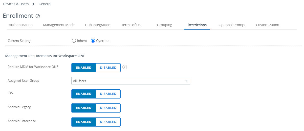 esta captura de tela parcial mostra a aba Restrições das configurações de Inscrição