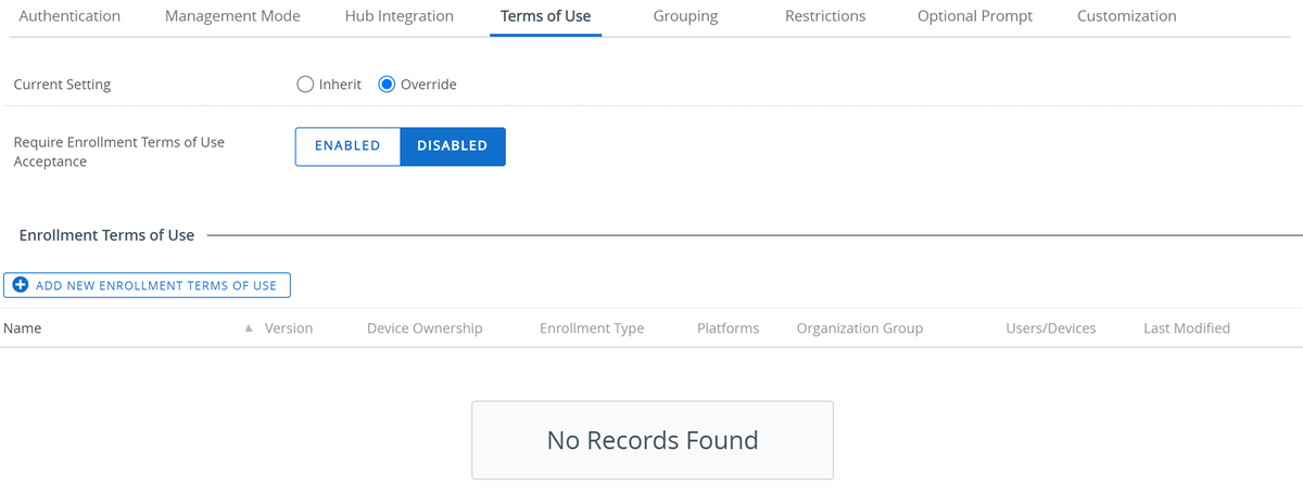 esta captura de tela parcial mostra a aba Termos de Uso para as configurações de Inscrição