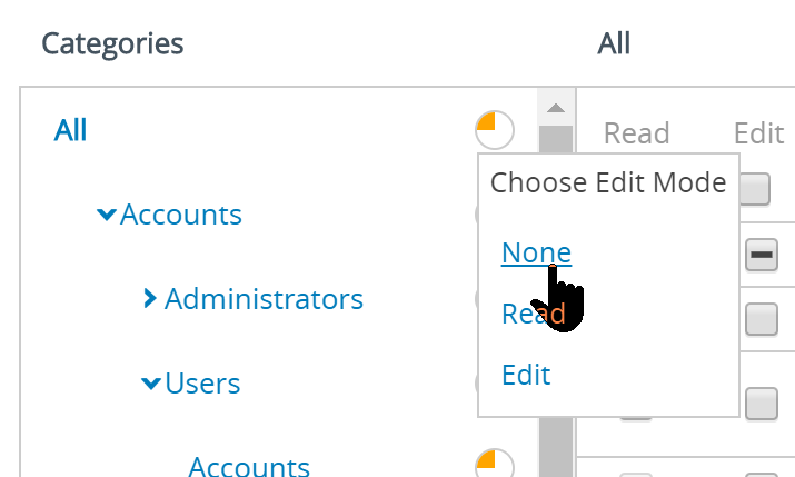 Esta captura de tela parcial mostra a tela Funções do Administrador e como você pode alterar todas as permissões em uma subcategoria selecionando o gráfico de pizza laranja e escolhendo entre nenhum, ler e editar.