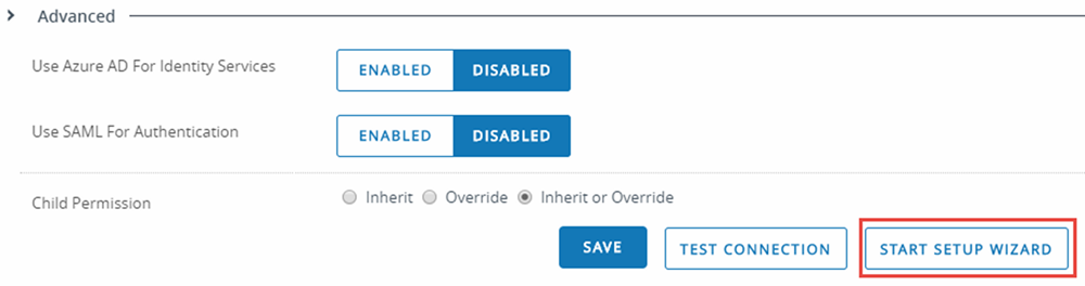 Essa captura de tela exibe a lista suspensa da seção Avançado das configurações do sistema de Serviços de Diretório, onde você pode ativar o Azure AD para serviços de identidade e ativar o SAML para autenticação.