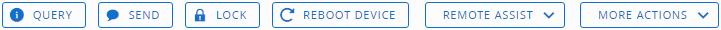 Esta captura de tela parcial mostra o cluster do botão de ação que aparece no topo da visualização da lista de dispositivos quando um ou mais dispositivos são selecionados. Você pode clicar em um dos botões para aplicar essa ação aos dispositivos selecionados.