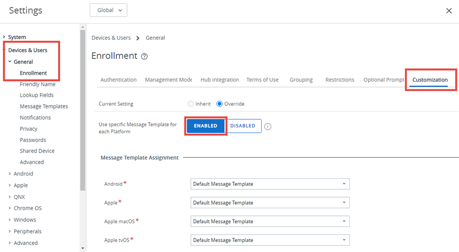 Essa captura de tela mostra a aba Personalização das Configurações Gerais do Sistema de Inscrição de Dispositivos e Usuários, que você pode usar para atribuir um modelo personalizado de mensagem por plataforma.