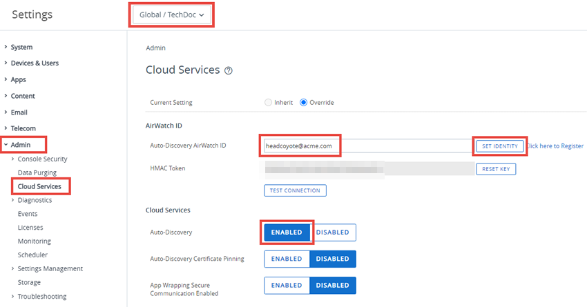 Essa captura de tela mostra as Configurações do Sistema dos Serviços em Nuvem do Administrador, que é onde você vai para configurar a inscrição por detecção automática.