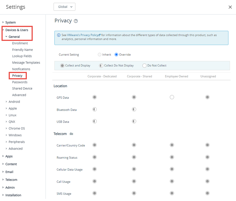 Essa captura de tela mostra a configuração do sistema de Privacidade em Dispositivos e Usuários, Geral, que permite definir as configurações de privacidade.