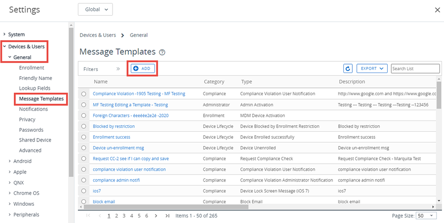 Essa captura de tela mostra as Configurações do Sistema do Modelo de Mensagem, que você pode usar para criar mensagens específicas da plataforma durante a inscrição e outros eventos.