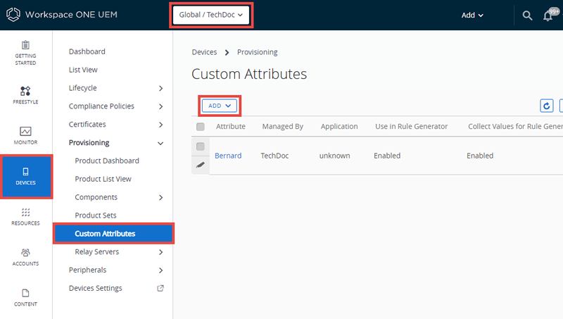 Essa captura de tela mostra a tela Dispositivos, Atributo Personalizado de Provisionamento, que permite criar seus próprios atributos personalizados.