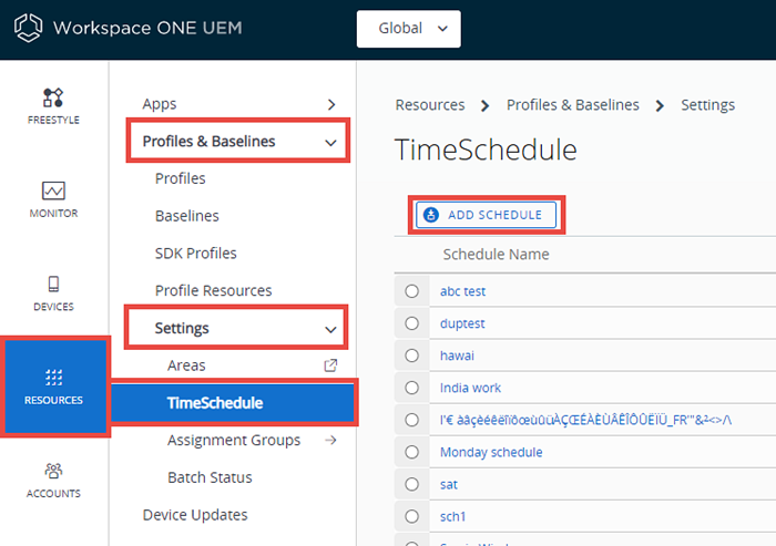 Essa captura de tela mostra a exibição de lista Agendamento em Recursos, Perfis e configurações de Linhas de Base.