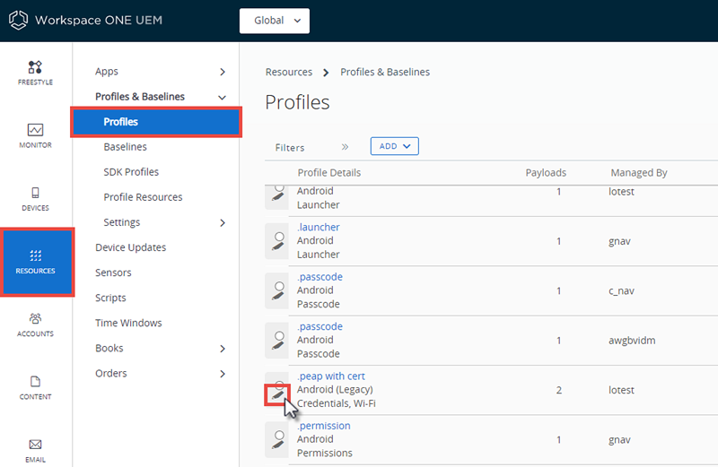 Essa captura de tela mostra a exibição de lista da tela de Perfis de Dispositivos, que permite editar o payload geral dos perfis do dispositivo.