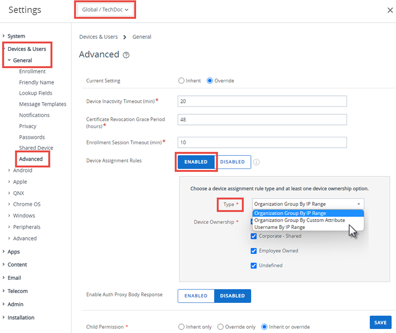 Essa captura de tela mostra as Configurações Gerais Avançadas do Sistema de Dispositivos e Usuários, que você pode usar para ativar atribuições de dispositivos.