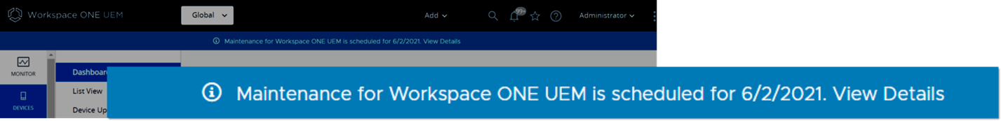 Esta captura de tela destaca uma notificação de banner com zoom, que aparece na parte superior do console, alertando sobre a manutenção agendada para Workspace ONE UEM.