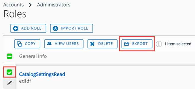 Esta captura de tela mostra o cluster de botões exibido quando uma função de administrador é selecionada, realçando a função Exportar.