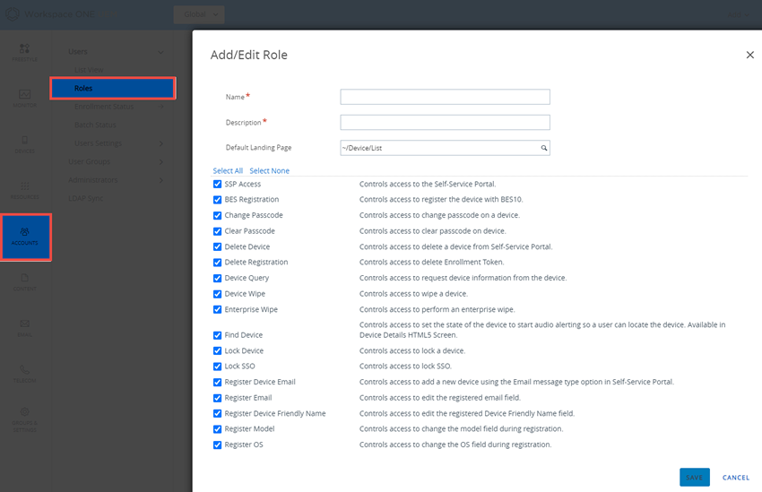 Essa captura de tela mostra a tela Adicionar/Editar para a página Contas, Funções de Usuários, que permite criar uma função de usuário.