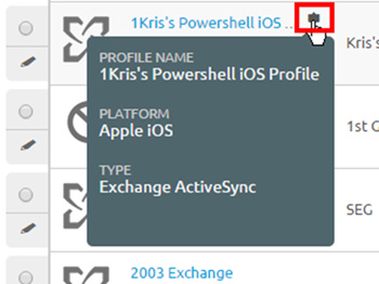 Essa captura de tela é da página Detalhes do perfil e mostra o que um pop-up suspenso contém: nome do perfil, plataforma e tipo.