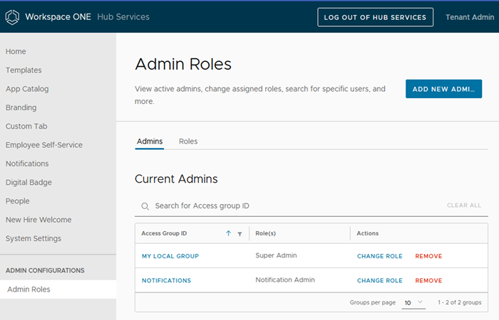 Página de funções administrativas do console de serviços do hub