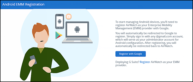 Captura de tela da página Configuração de Registro do Android EMM