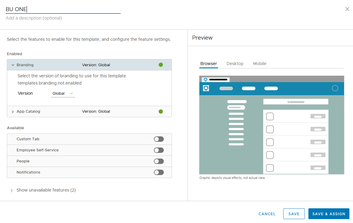 Captura de tela da página de configuração do recurso mostrando a seção Design de identidade visual