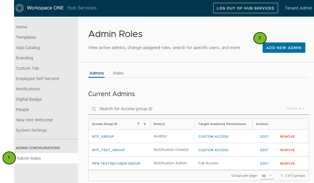 Serviços do Hub adicionando um usuário administrador