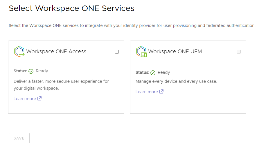 O Workspace ONE Access e o Workspace ONE UEM aparecem.
