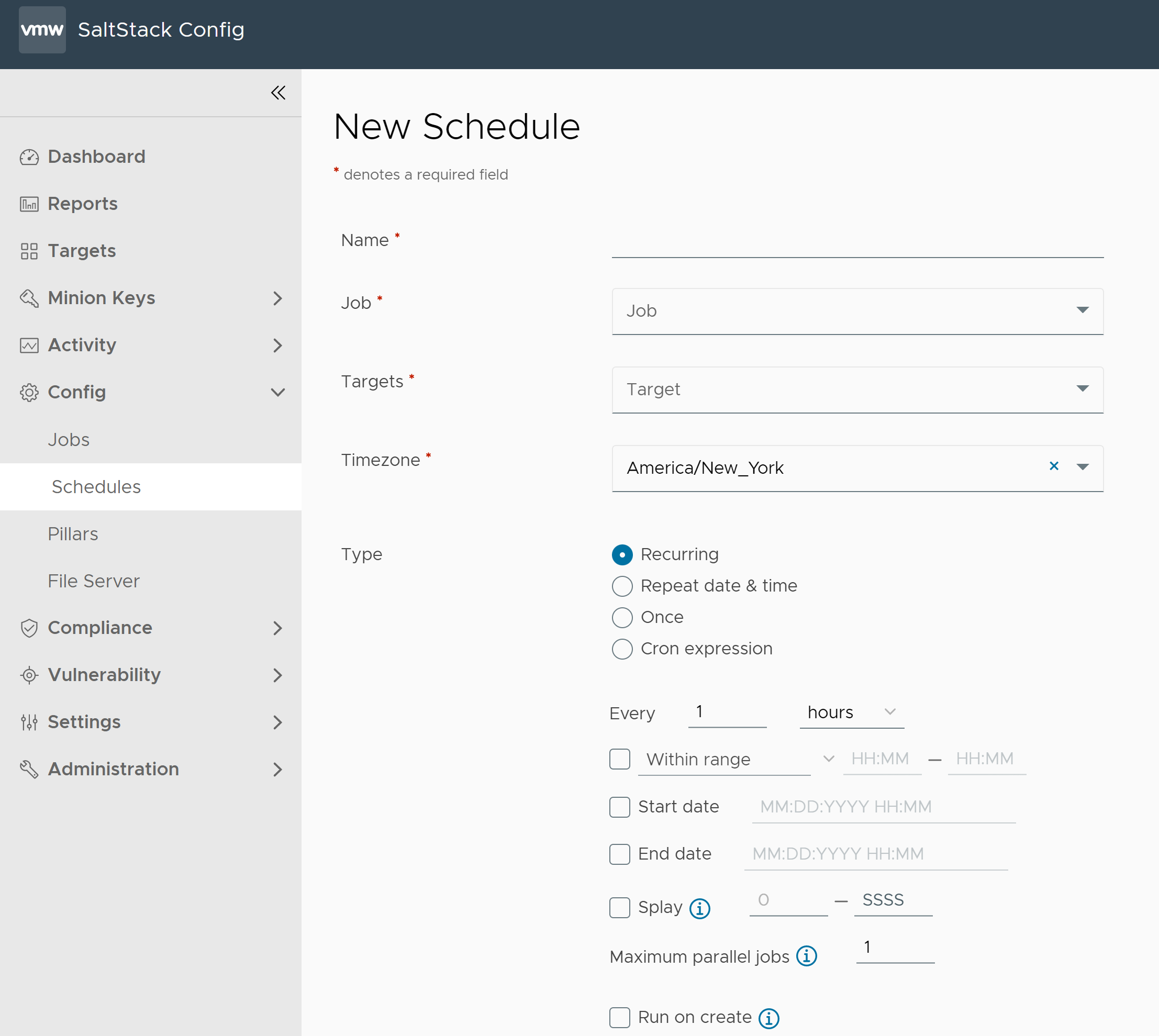 Captura de tela do formulário Criar Agendamento na SaltStack Config