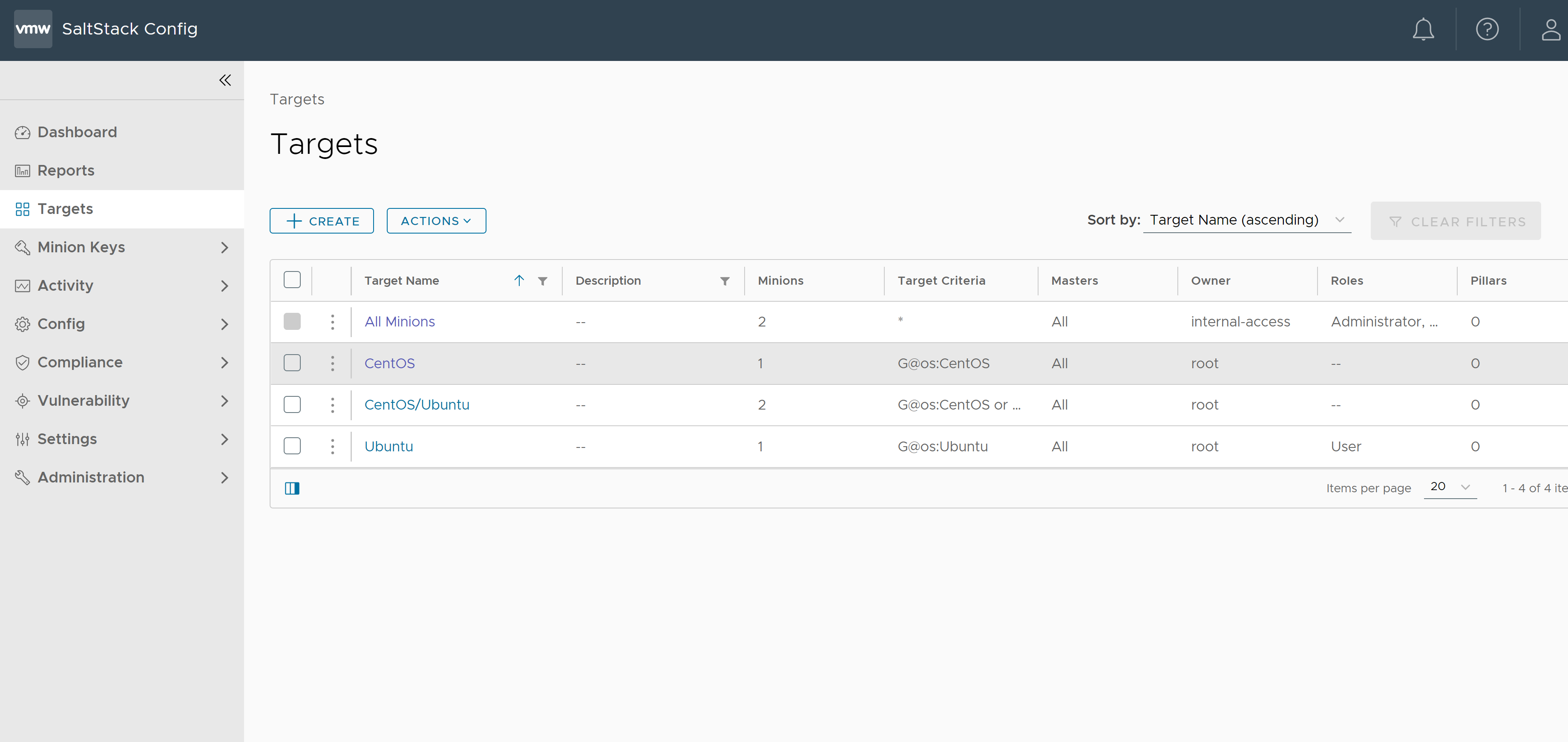 O espaço de trabalho de Destinos na interface do usuário do SaltStack Config que mostra vários grupos de destino