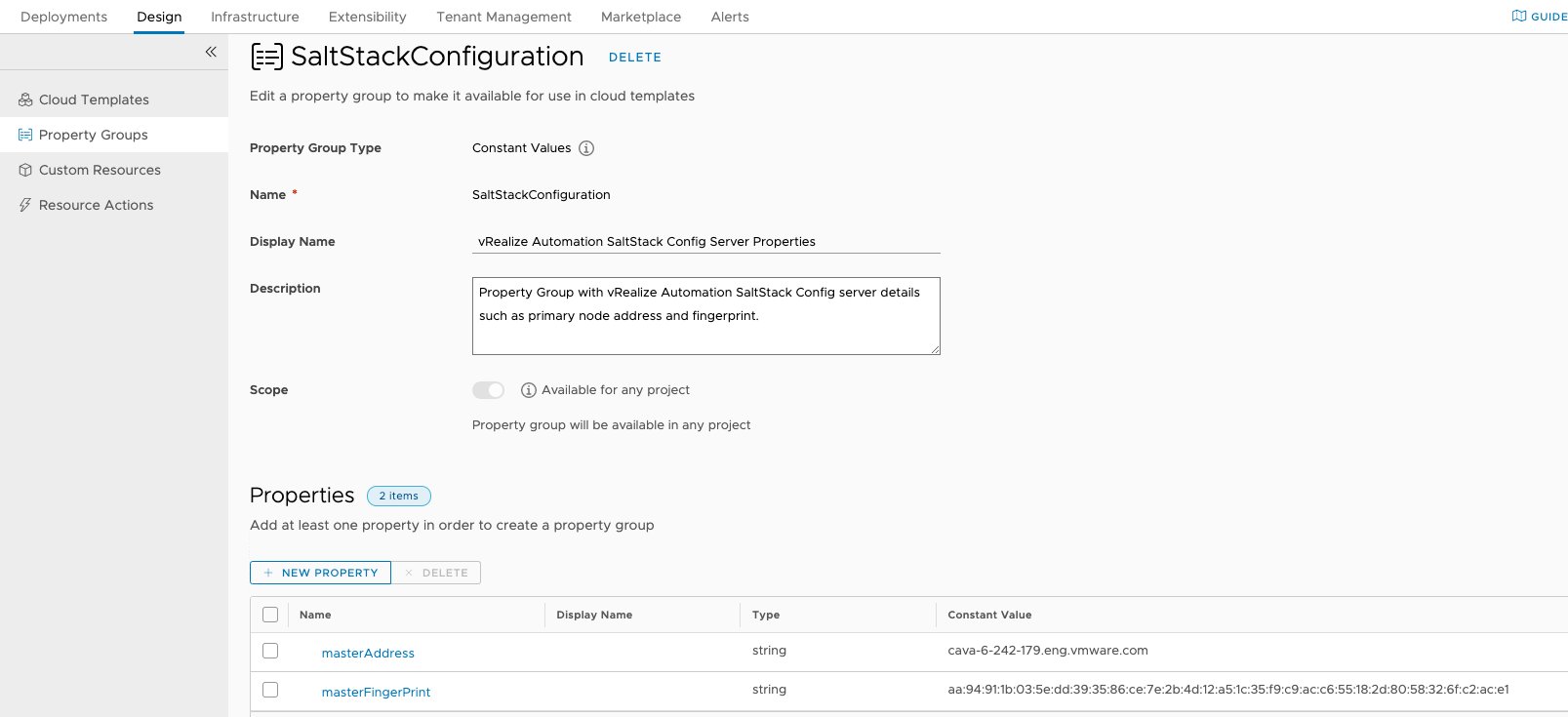 A tela mostra a página de grupos de propriedades do vRealize Automation e o grupo de propriedades do "SaltStackConfiguration" criado quando o SaltStack Config é instalado