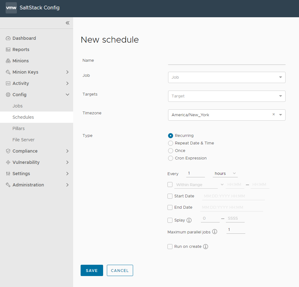 Criar formulário de Agendamento no espaço de trabalho de Agendamentos no SaltStack Config