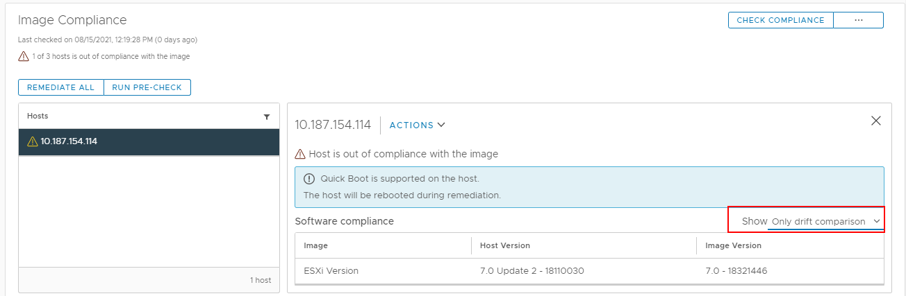 Visualize apenas os elementos que tornam o host fora de conformidade com a imagem para o cluster.