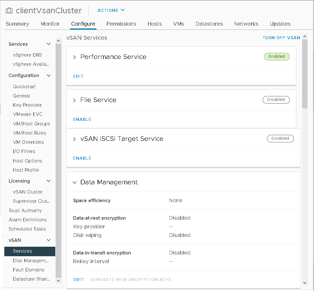 vSAN Serviços em vSphere Client