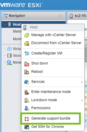 Gerar um pacote de suporte a partir do inventário VMware Host Client