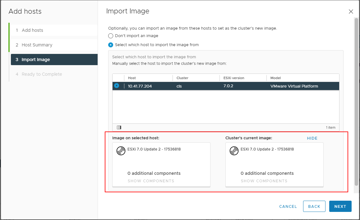 você pode comparar a imagem do cluster atual com a imagem no host de referência selecionado para garantir que o host de referência correto tenha sido selecionado