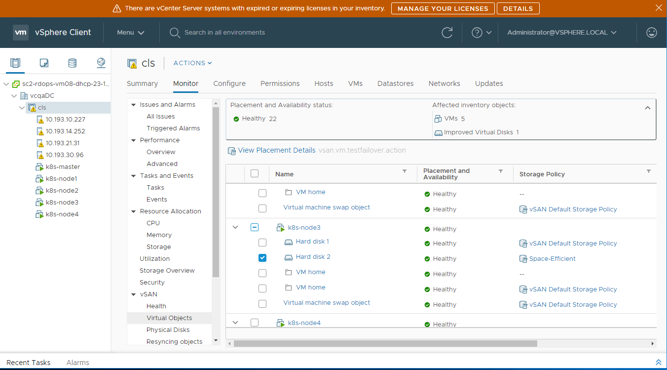 A captura de tela mostra os componentes que suportam o volume e detalhes como posicionamento, disponibilidade e política de armazenamento.