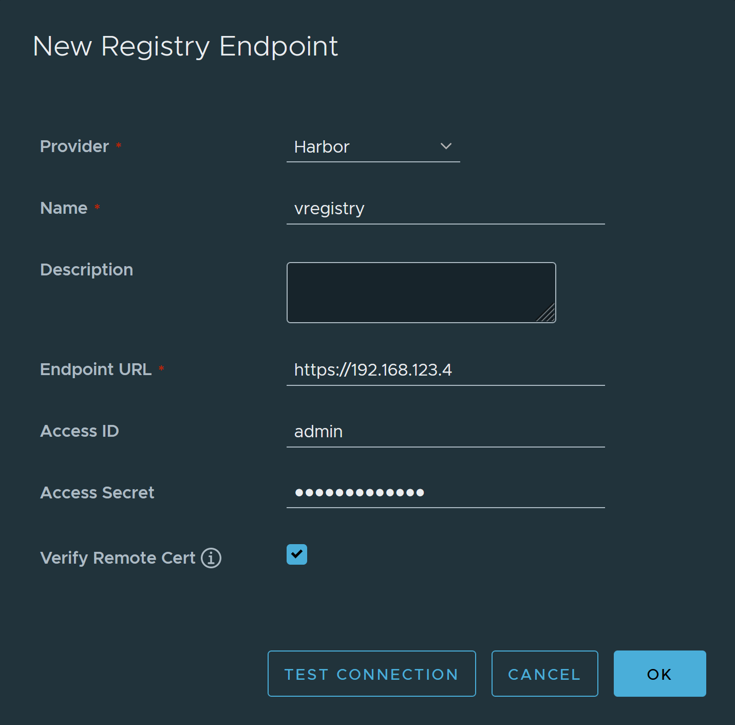 A janela Novo endpoint do registro preenchida com os dados para a URL e as credenciais do vRegistry