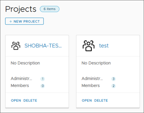 Projetos no Code Stream aparecem em um cartão e exibem o número de administradores e membros no projeto.