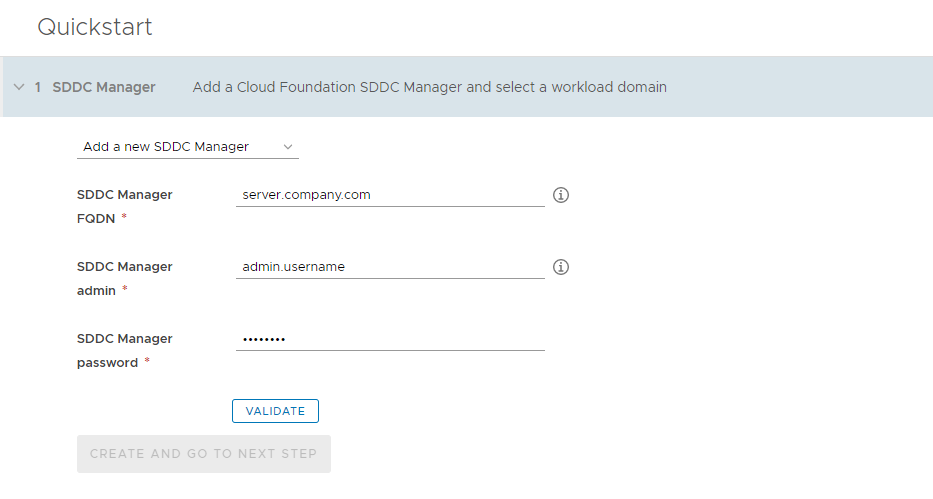 Configure o endereço IP e as credenciais do SDDC Manager.
