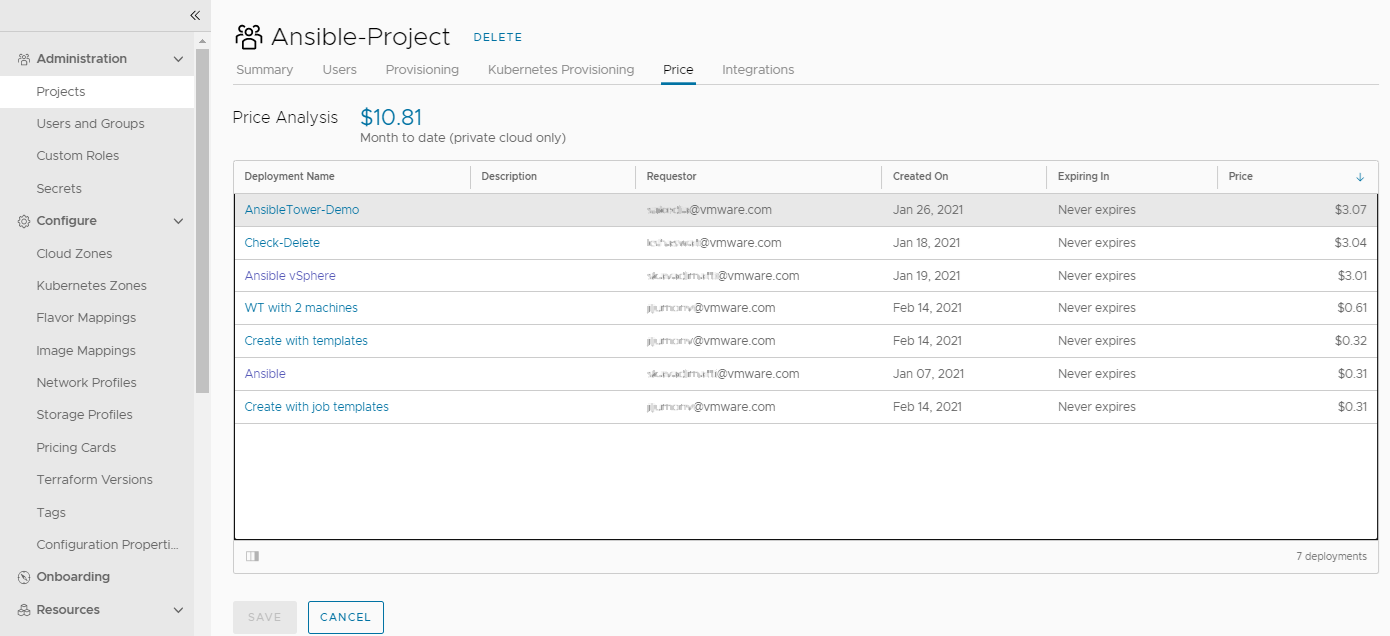 Captura de tela da guia Preço do Projeto, que mostra a análise de preço do projeto e o preço de cada implantação.