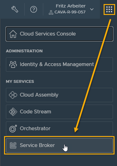 O menu de aplicativos no canto superior direito da página está aberto e o Service Broker está realçado.