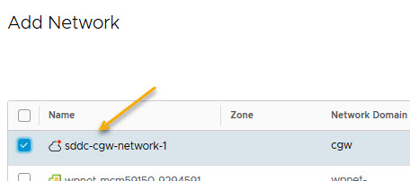 Selecione a rede chamada sddc-cgw-network-1 mostrada nesta tela.