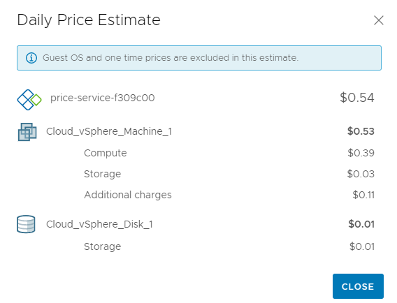Um exemplo de página de Estimativa de Preço Diária para uma máquina do vSphere e um disco de armazenamento é mostrado com uma estimativa de preço diária de 0,54 dólares.