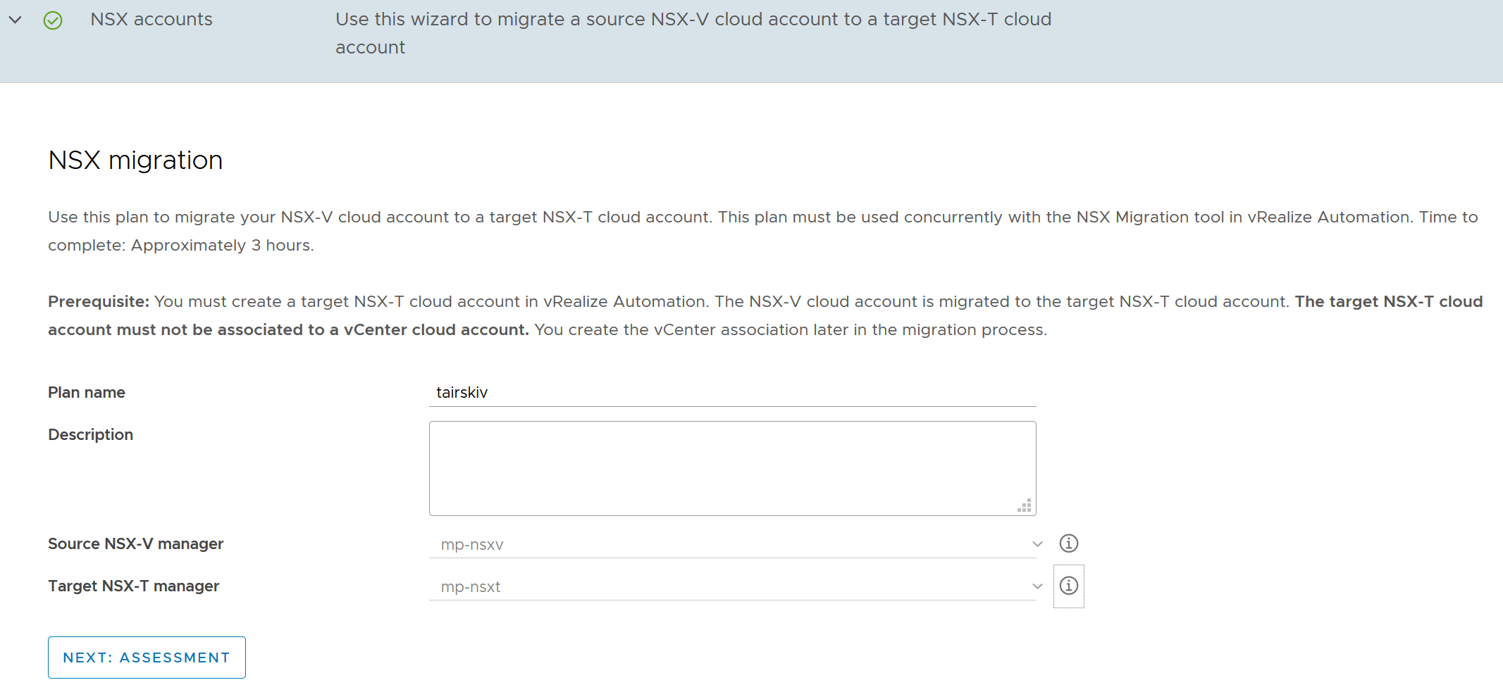 A tela mostra a página 1 do plano com uma conta de nuvem do NSX-V de origem e uma conta de nuvem do NSX-T de destino