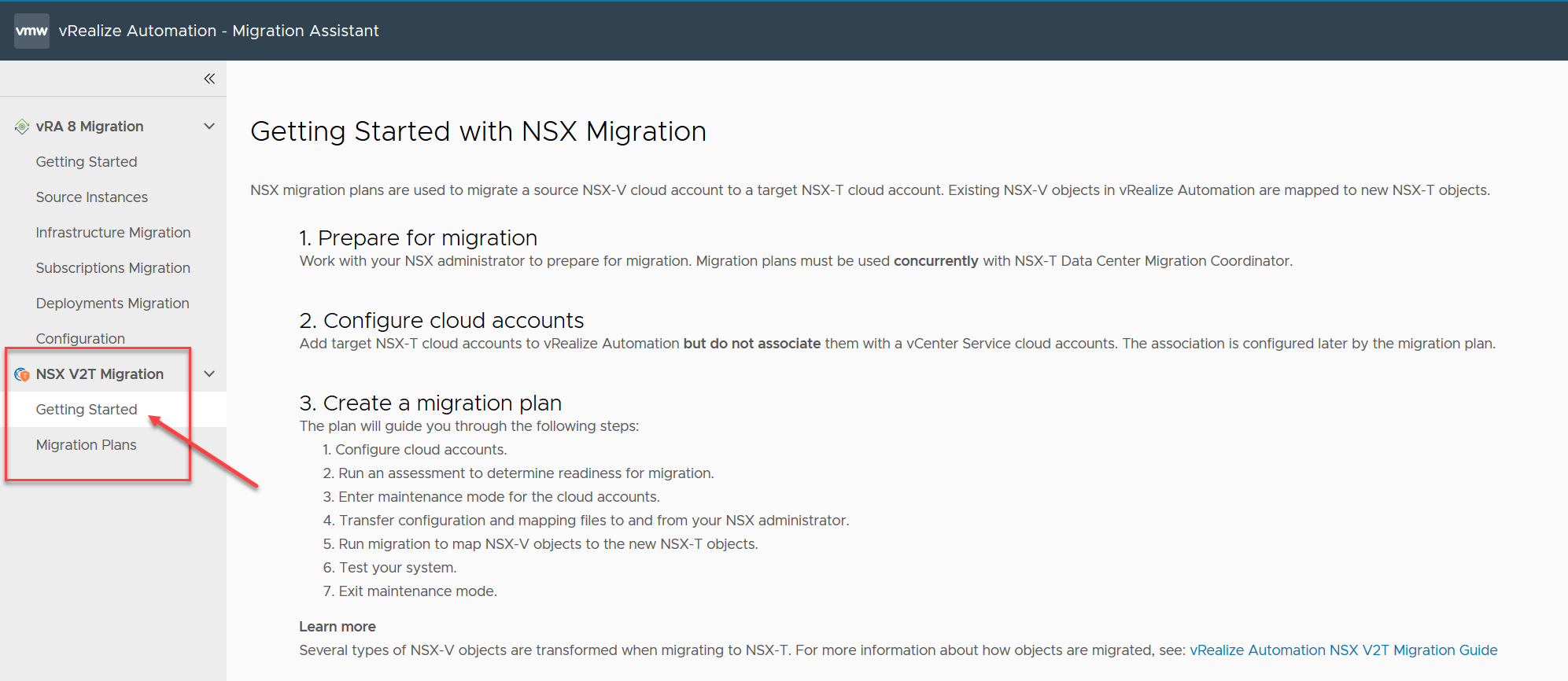 Uma captura de tela da página inicial do vRealize Automation com a guia Serviços e o bloco vRA Migration Assistant realçado.