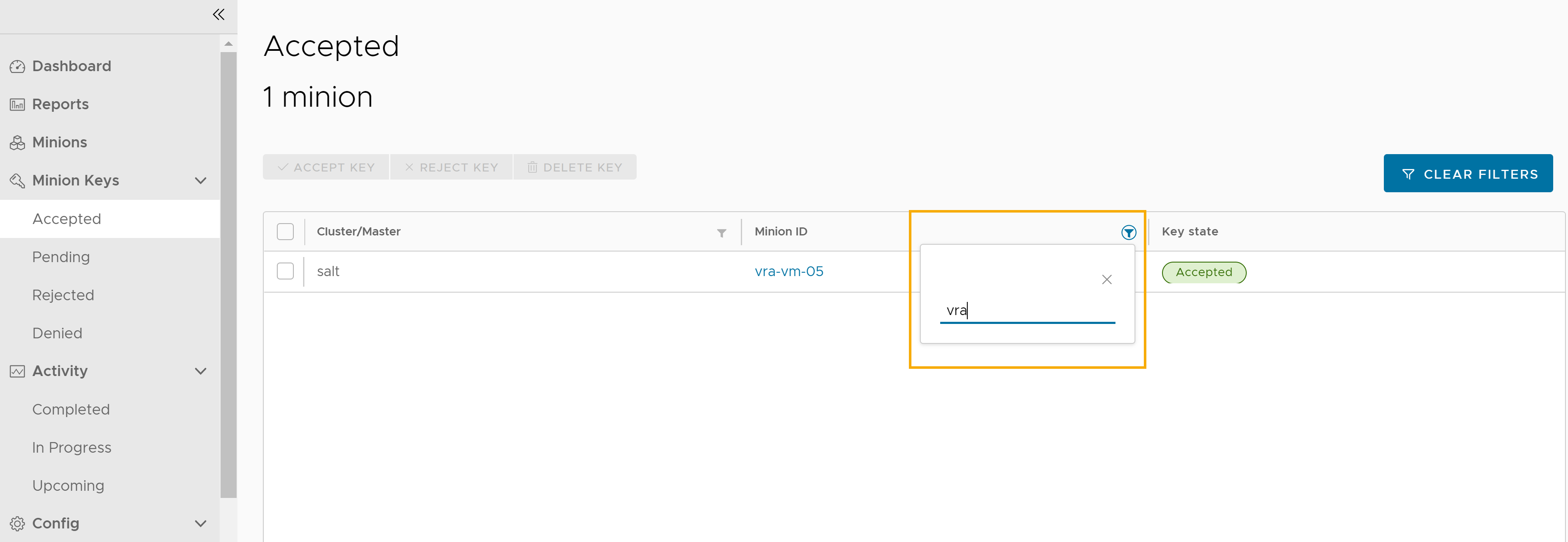 Captura de tela das chaves de subordinados aceitas no SaltStack Config.