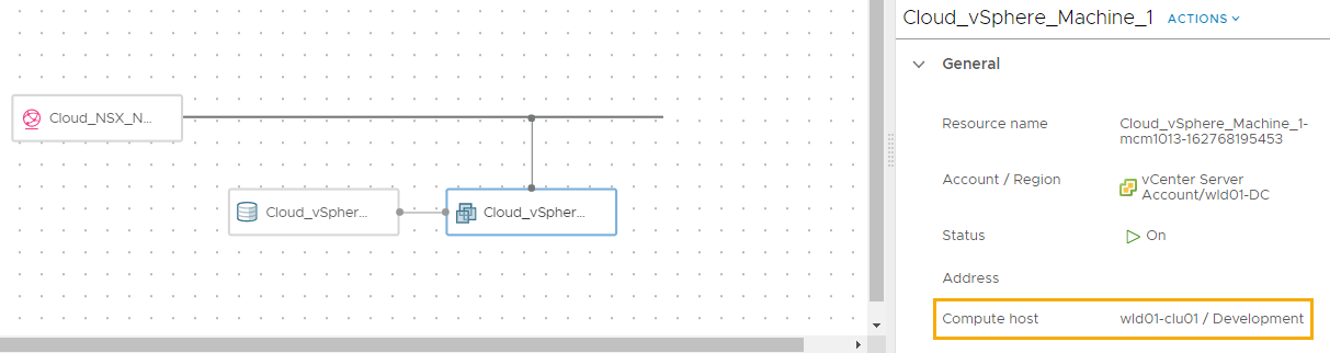 Captura de tela da página de topologia de implantação com a máquina vSphere selecionada uma caixa ao redor do Host de processamento no painel direito.