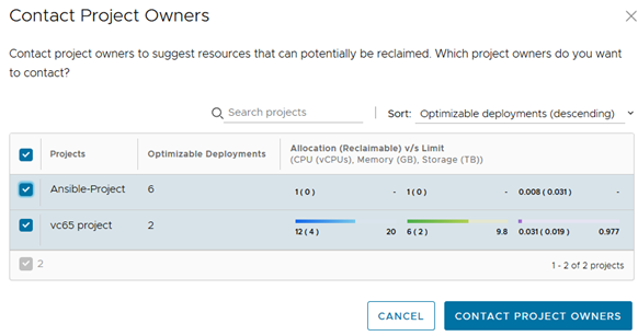 UI Entrar em contato com proprietário do projeto com 2 projetos