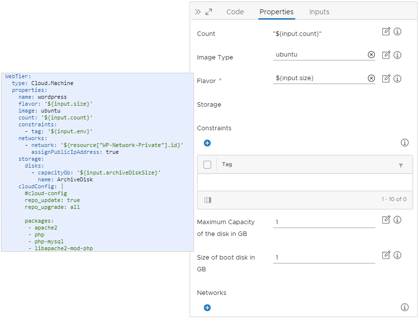 Editor de código do modelo de nuvem e guia Propriedades